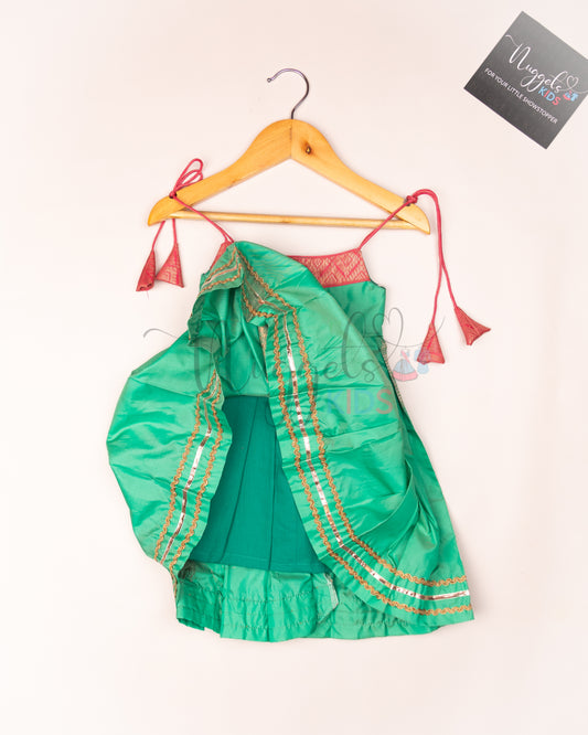 Ready to Ship: Pista Green Semi Silk Tie up frock with patch work yoke, Potli button and lace detailing