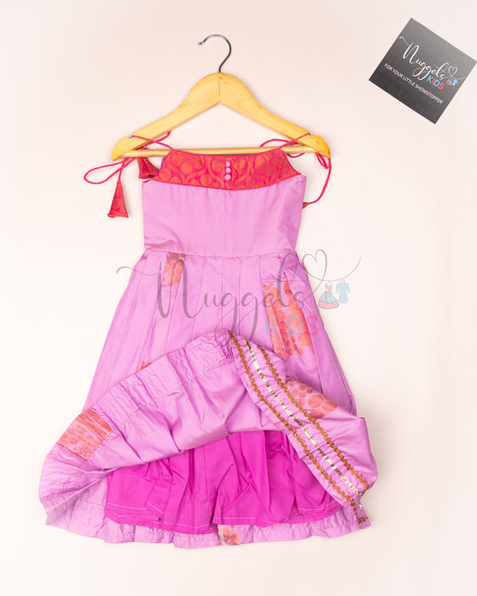 Ready to Ship: Lavender Semi Silk Tie up frock with patch work yoke, Potli button and Lace detailing