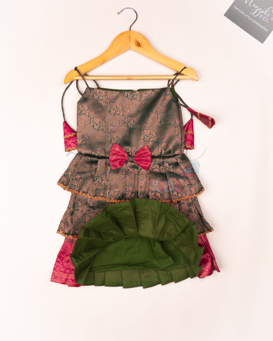 Ready to Ship: Bottle Green Tri layered semi silk newborn tie up frock with all over copper and lavender zari and bow detailing