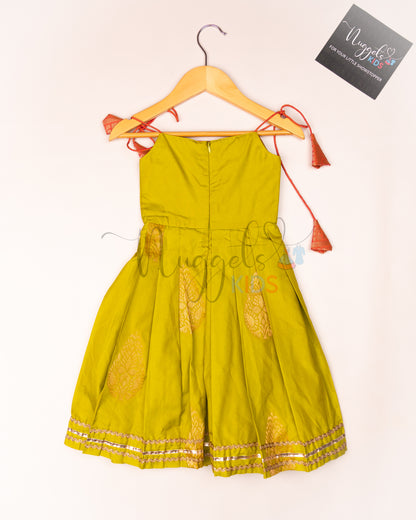 Ready to Ship: Elaichi Green Semi Silk Tie up frock with patch work yoke, Potli button and Lace detailing