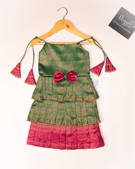 Ready to Ship: Parrot Green and Pink Tri layered semi silk newborn tie up frock with all over copper and lavender zari and bow detailing