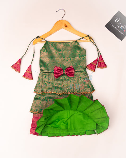 Ready to Ship: Parrot Green and Pink Tri layered semi silk newborn tie up frock with all over copper and lavender zari and bow detailing