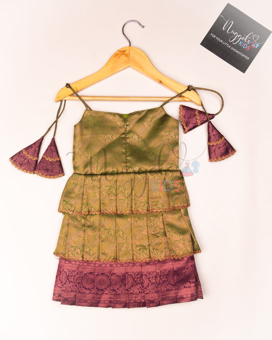 Ready to Ship: Elaichi Green and Purple Tri layered semi silk newborn tie up frock with all over copper and lavender zari and bow detailing