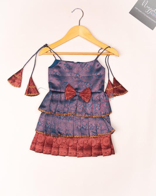 Ready to Ship: Blue and Maroon Tri layered semi silk newborn tie up frock with all over copper and lavender zari and bow detailing