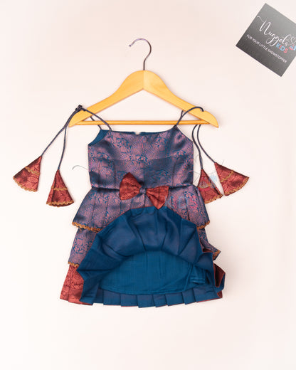 Ready to Ship: Blue and Maroon Tri layered semi silk newborn tie up frock with all over copper and lavender zari and bow detailing