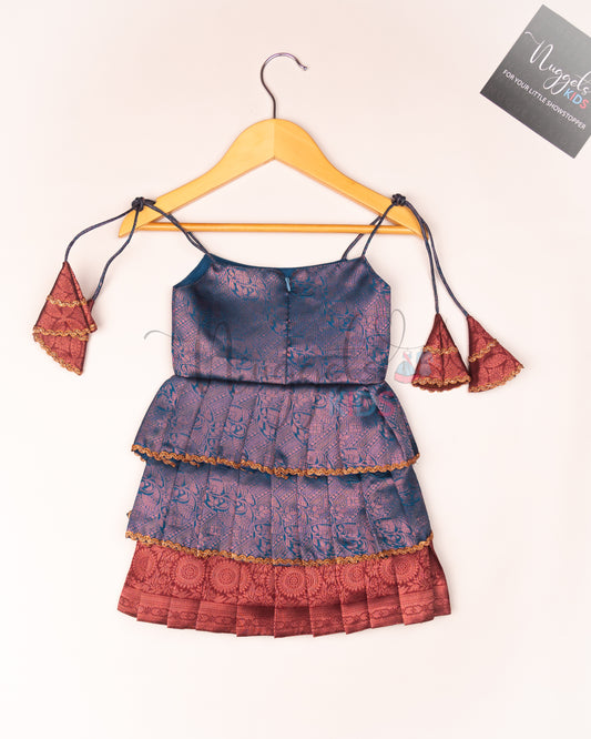 Ready to Ship: Blue and Maroon Tri layered semi silk newborn tie up frock with all over copper and lavender zari and bow detailing