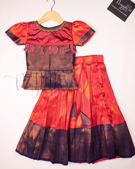 Ready to Ship: Metallic Red and Blue Aari work Blouse Pattu Pavada Set