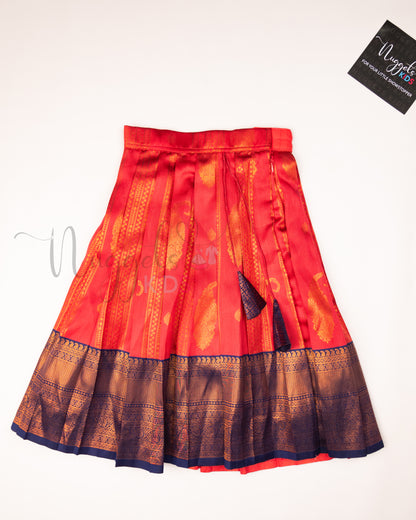 Ready to Ship: Metallic Red and Blue Aari work Blouse Pattu Pavada Set