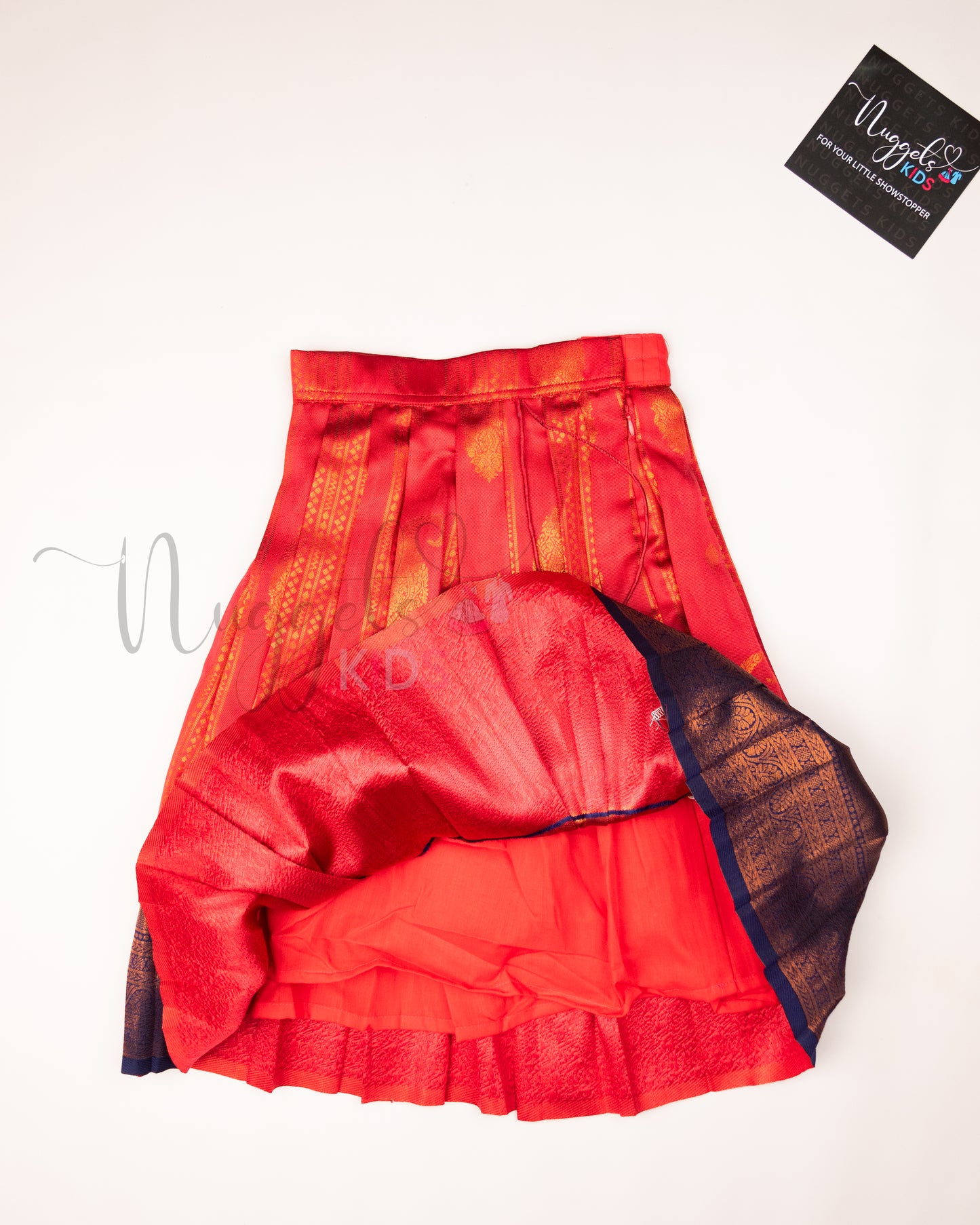 Ready to Ship: Metallic Red and Blue Aari work Blouse Pattu Pavada Set