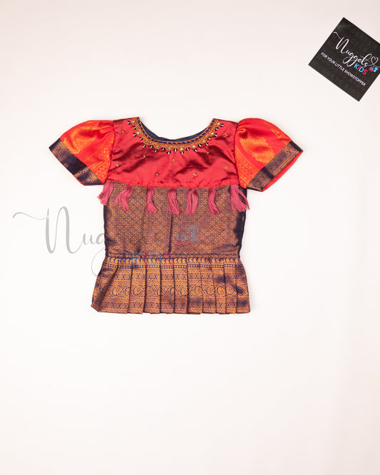 Ready to Ship: Metallic Red and Blue Aari work Blouse Pattu Pavada Set