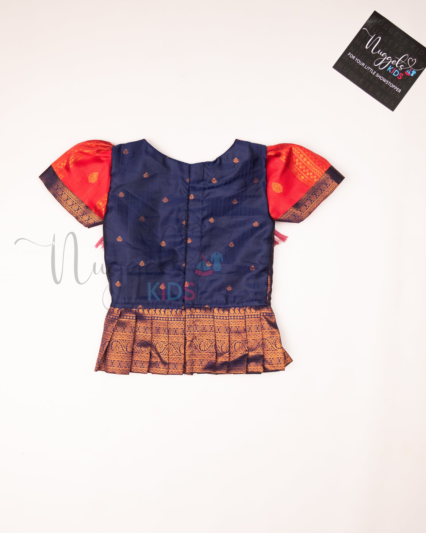 Ready to Ship: Metallic Red and Blue Aari work Blouse Pattu Pavada Set