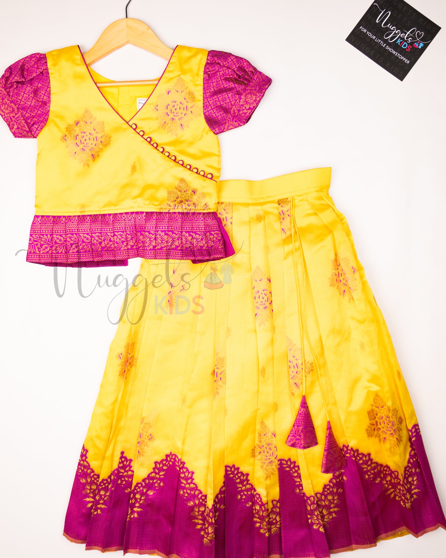 Ready to Ship: Yellow and Purple Designer Pattern Blouse Pattu Pavada Set