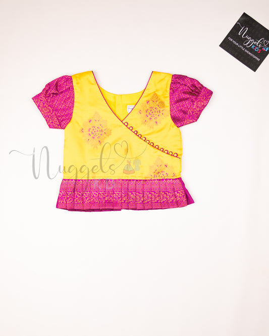 Ready to Ship: Yellow and Purple Designer Pattern Blouse Pattu Pavada Set