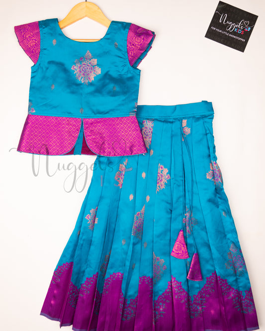 Ready to Ship: Blue and Magenta Designer Pattern Blouse Pattu Pavada Set