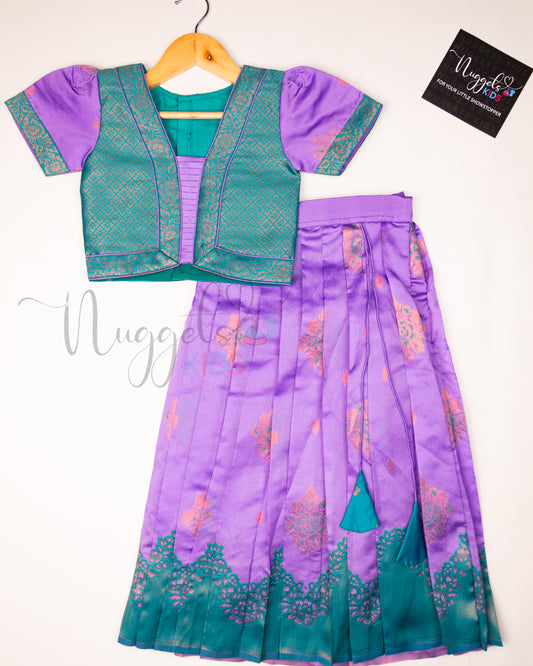 Ready to Ship: Lavender and Turquoise Designer Pattern Blouse Pattu Pavada Set