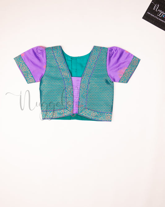 Ready to Ship: Lavender and Turquoise Designer Pattern Blouse Pattu Pavada Set