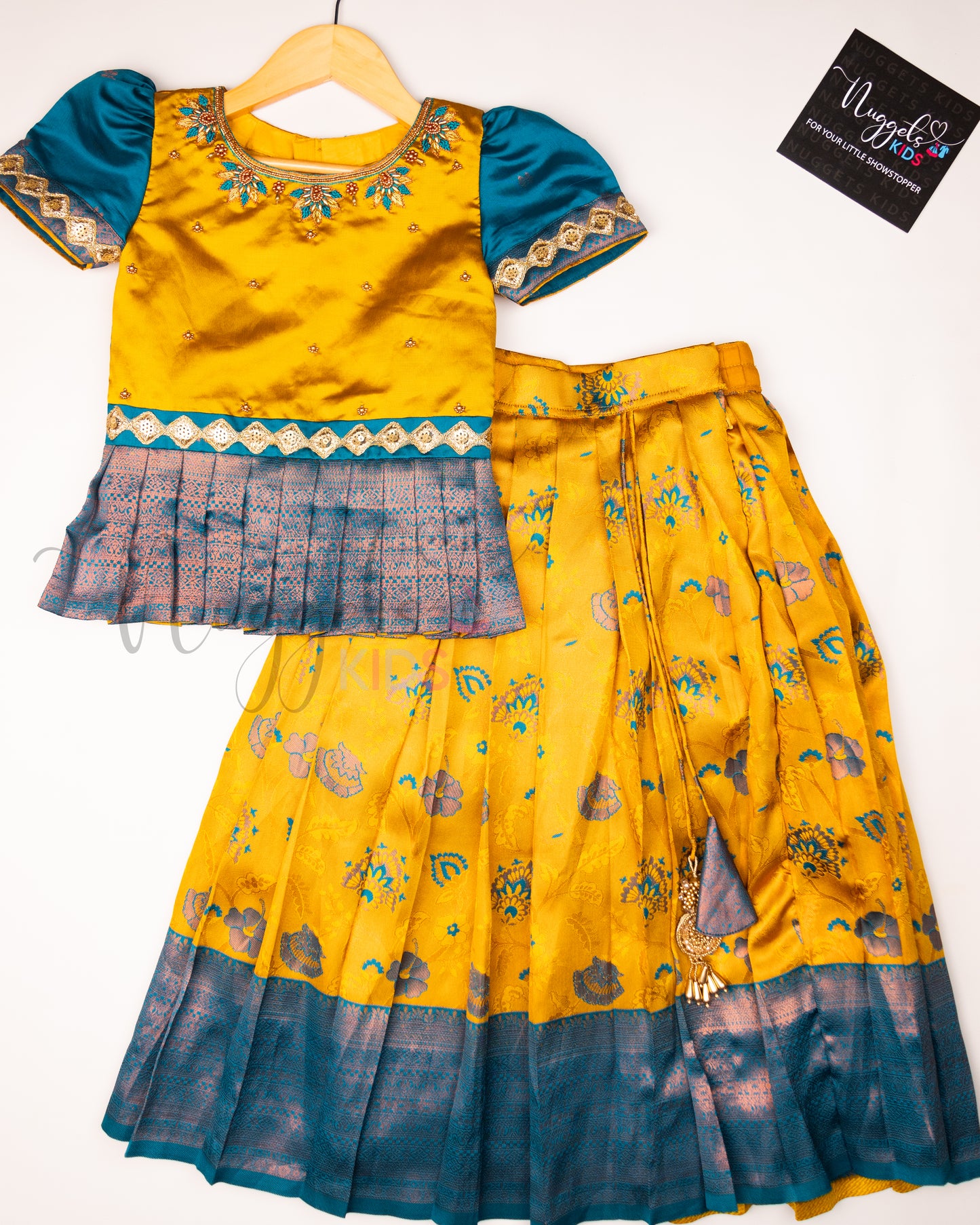 Ready to Ship: Yellow and Blue Aari work Blouse Pattu Pavada Set