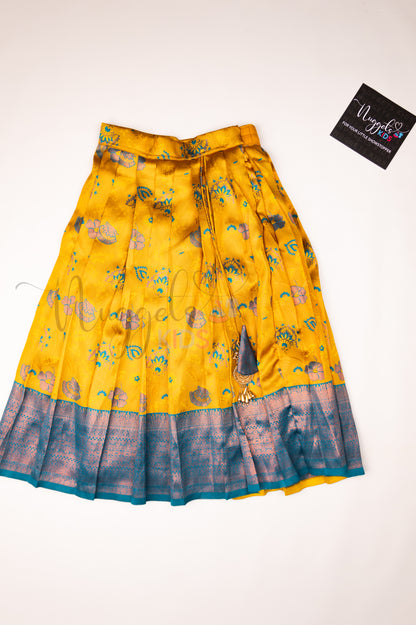 Ready to Ship: Yellow and Blue Aari work Blouse Pattu Pavada Set