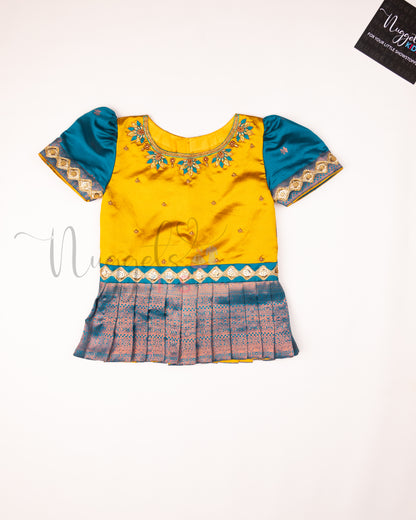 Ready to Ship: Yellow and Blue Aari work Blouse Pattu Pavada Set