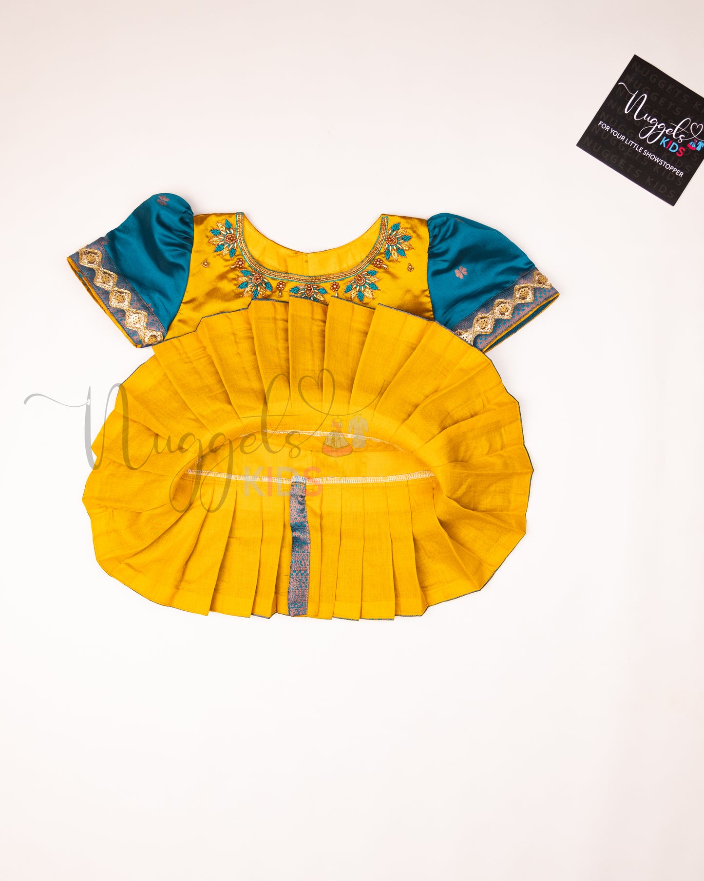 Ready to Ship: Yellow and Blue Aari work Blouse Pattu Pavada Set