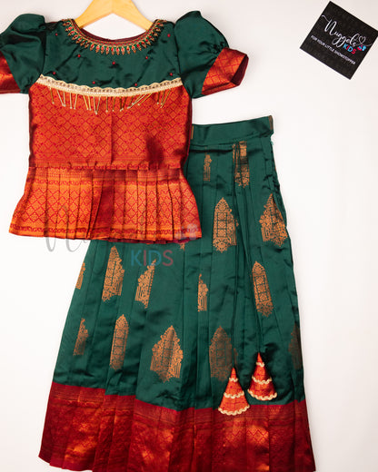 Ready to Ship: Green and Red Aari work Blouse Pattu Pavada Set