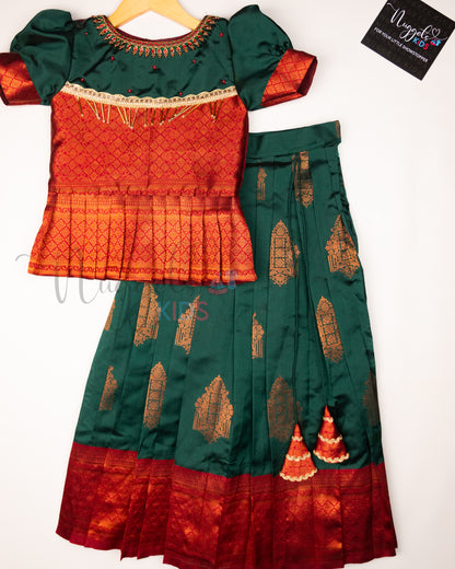 Ready to Ship: Green and Red Aari work Blouse Pattu Pavada Set