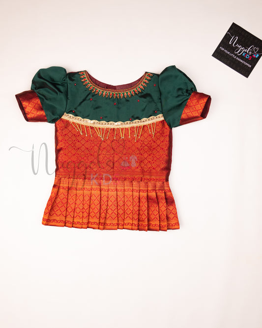 Ready to Ship: Green and Red Aari work Blouse Pattu Pavada Set