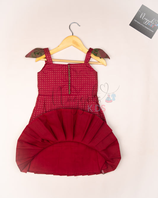 Ready to Ship: Maroon and Green Two layered semi silk with wing sleeves, potli buttons and lace detailing