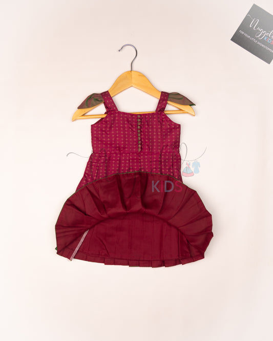 Ready to Ship: Beetroot and Green Two layered semi silk with wing sleeves, potli buttons and lace detailing