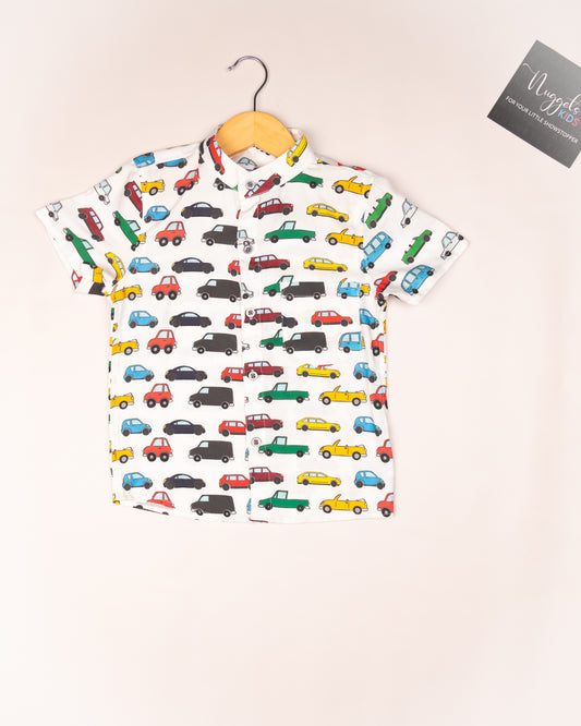 Ready to Ship: Cars Printed Swiss Cotton Shirt with Front Pocket