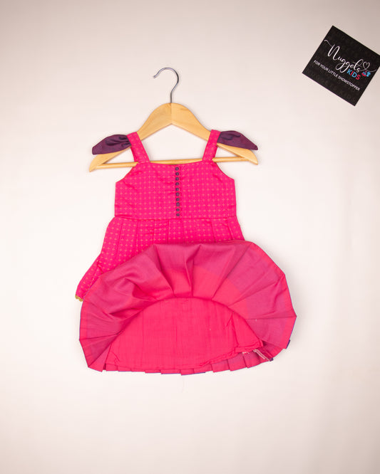 Ready to Ship: Candy Pink and Purple Two layered semi silk with wing sleeves, potli buttons and lace detailing