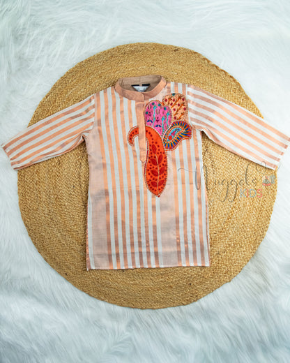Pre Order: Copper Cotton Tissue Kurta With Brocade Patch Detailing And Offwhite Cotton Straight Pant