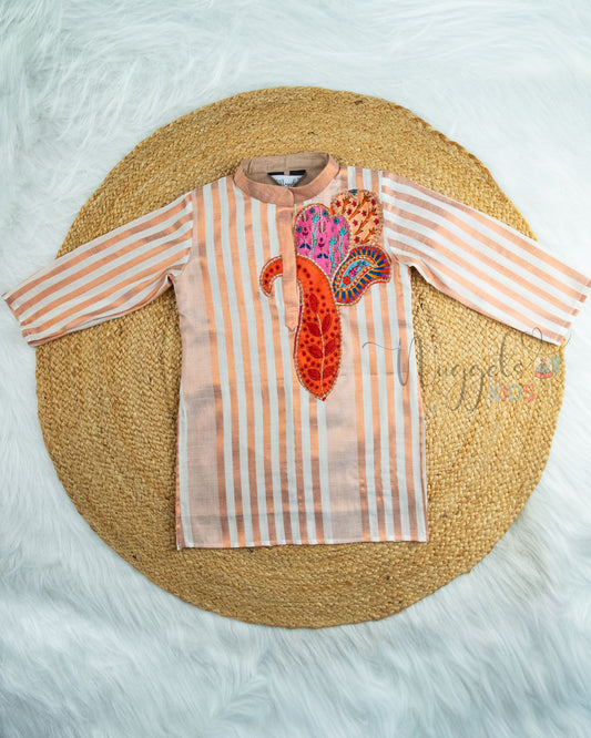 Pre Order: Copper Cotton Tissue Kurta With Brocade Patch Detailing And Offwhite Cotton Straight Pant