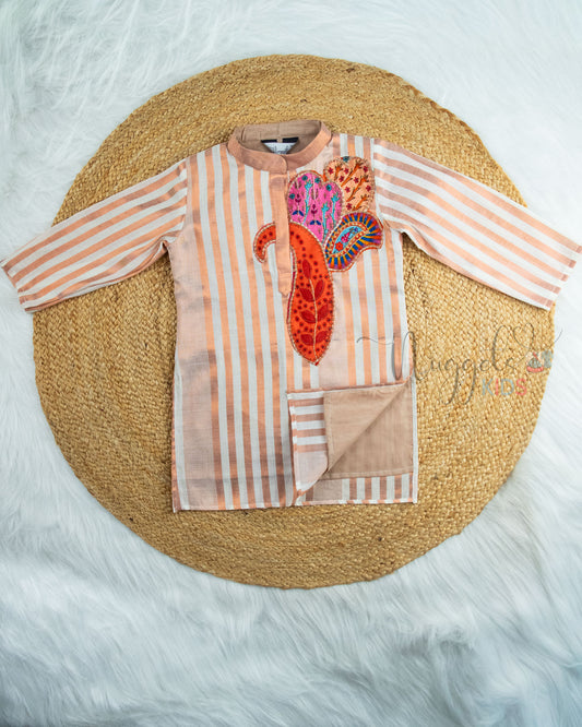Pre Order: Copper Cotton Tissue Kurta With Brocade Patch Detailing And Offwhite Cotton Straight Pant