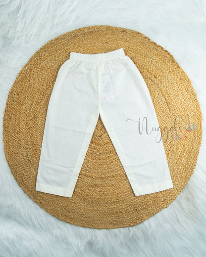 Pre Order: Copper Cotton Tissue Kurta With Brocade Patch Detailing And Offwhite Cotton Straight Pant