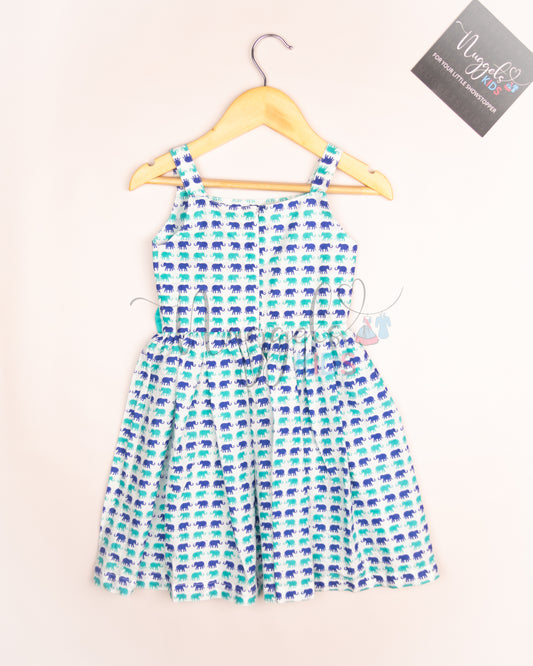 Ready to Ship: Elephant Printed Cotton Frock with Turquoise Double Bow Detailing