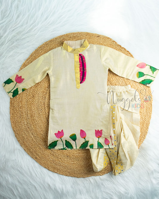 Pre Order: Louts GoldenTissue Silk Kurta With Brocade Patch Detailing And Mirror Dhoti