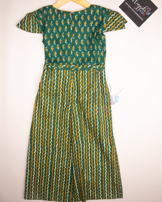 Ready to Ship: Green and Mustard Flared Jumpsuit with Tulip sleeves and designer tie