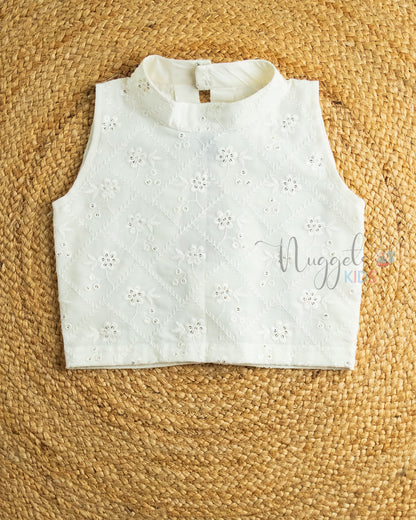 Pre Order: White Sleeveless  Embroidered Designer Crop Top Peach Sequined Lehenga Set