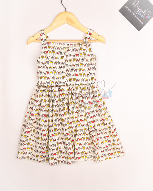 Ready to Ship: Camel Printed Cotton Frock with Red Double Bow Detailing