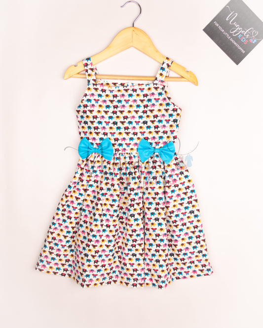 Ready to Ship: Elephant Printed Cotton Frock with Blue Double Bow Detailing