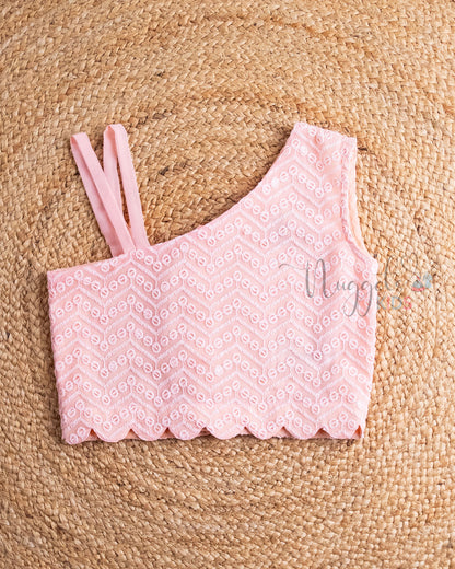 Pre Order: Baby Pink One Shoulder Crop Top and Mellon Yellow Sequined lehenga Set