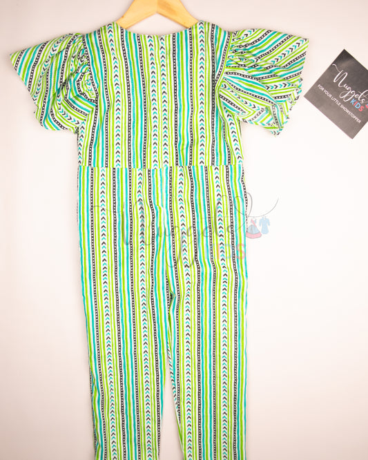 Ready to Ship: White, Green and Violet striped Regular fit Jumpsuit with ruffle sleeves