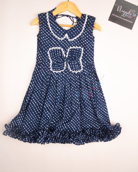 Ready to Ship: Ink Blue Butterfly bowed frock with Peter Pan Collar, Frilly Flare and Back Tie