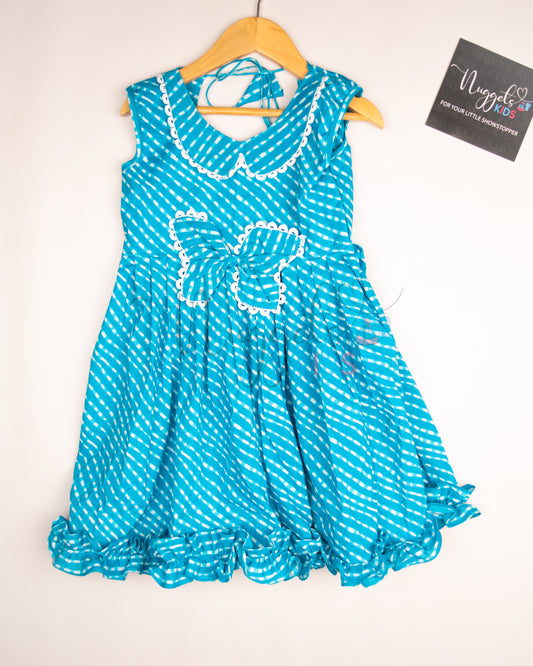Ready to Ship: Sky Blue Butterfly bowed frock with Peter Pan Collar, Frilly Flare and Back Tie