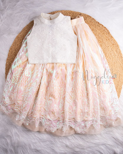 Pre Order: White Sleeveless  Embroidered Designer Crop Top Peach Sequined Lehenga Set
