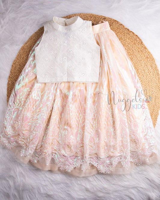 Pre Order: White Sleeveless  Embroidered Designer Crop Top Peach Sequined Lehenga Set