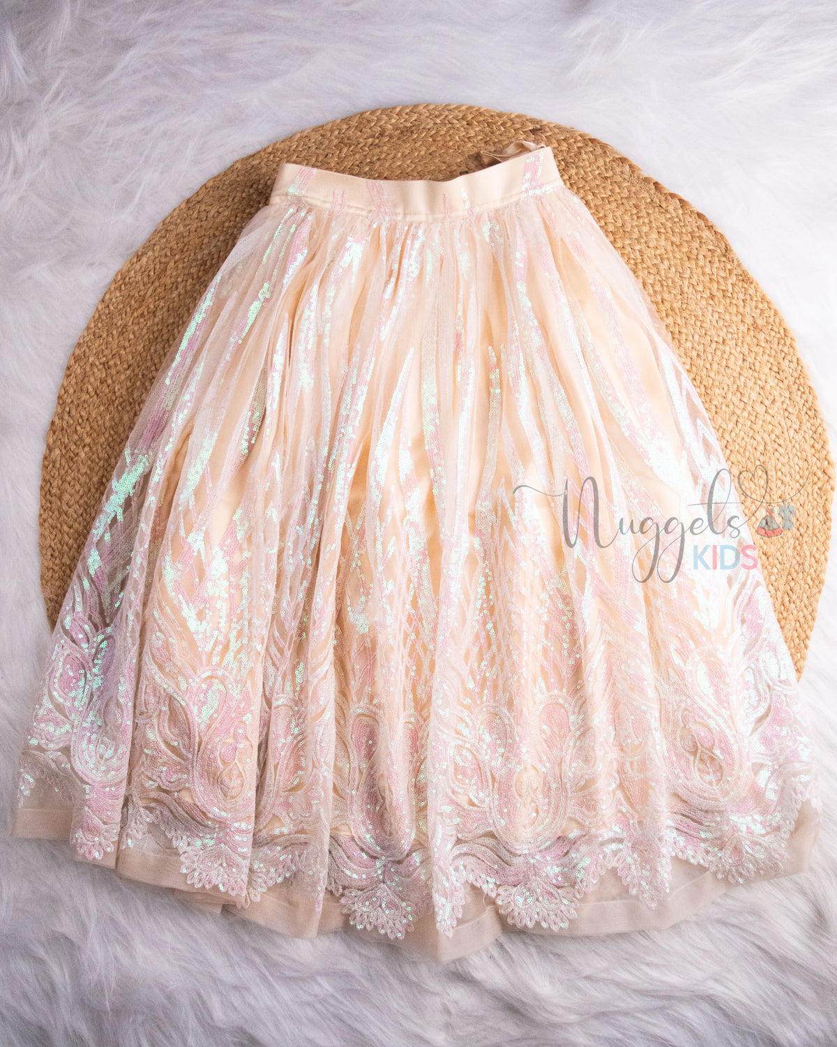 Pre Order: White Sleeveless  Embroidered Designer Crop Top Peach Sequined Lehenga Set