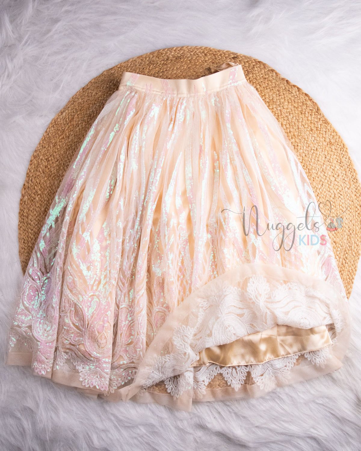 Pre Order: White Sleeveless  Embroidered Designer Crop Top Peach Sequined Lehenga Set
