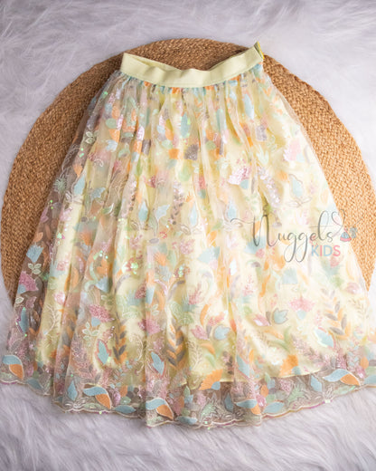 Pre Order: Baby Pink One Shoulder Crop Top and Mellon Yellow Sequined lehenga Set